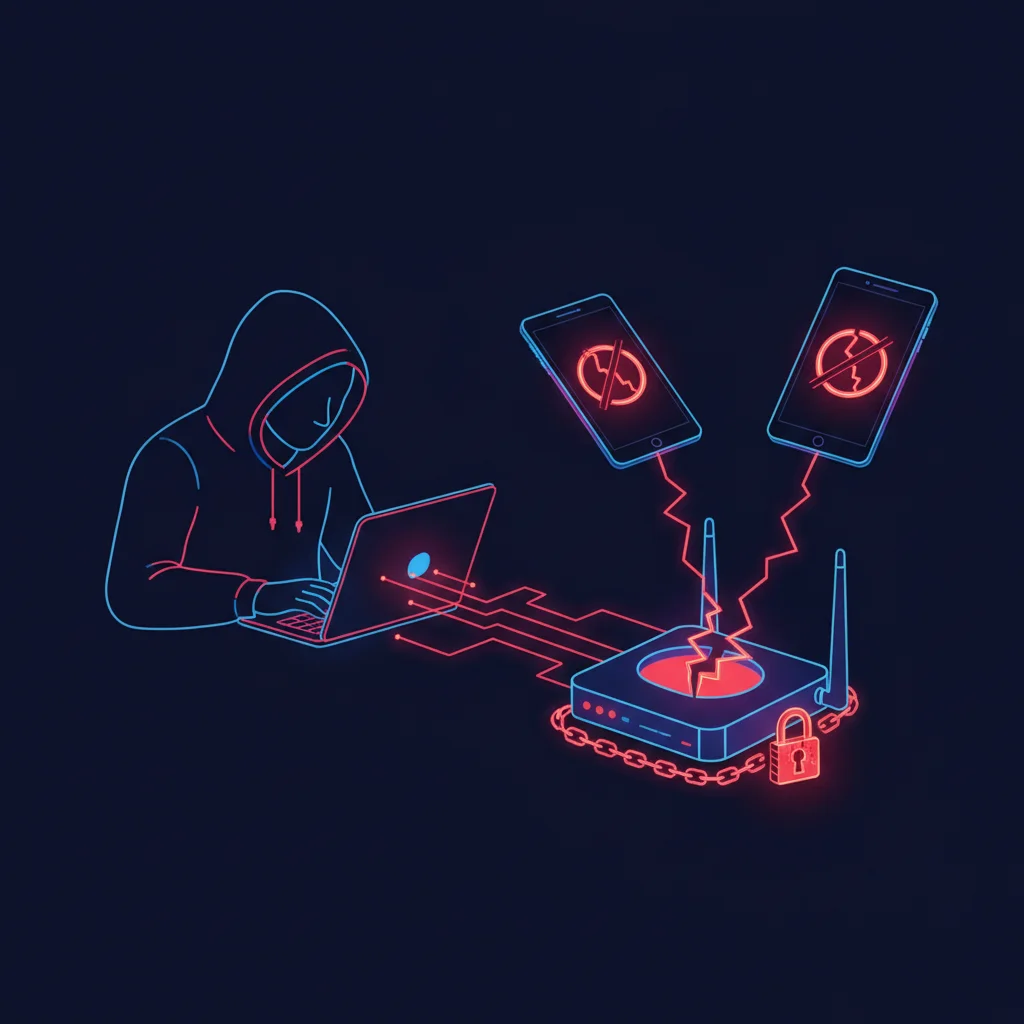 Ilustração de um ataque de desautenticação Wi-Fi, mostrando um hacker desconectando dispositivos de um roteador.