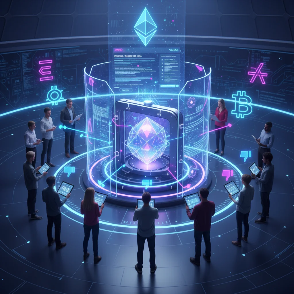 Ilustração de um contrato inteligente DAICO com investidores votando para liberar fundos.