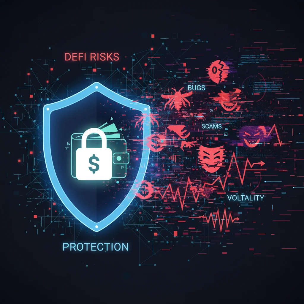 Representação dos riscos em DeFi, com um escudo digital protegendo uma carteira de criptomoedas contra ameaças como bugs e volatilidade.