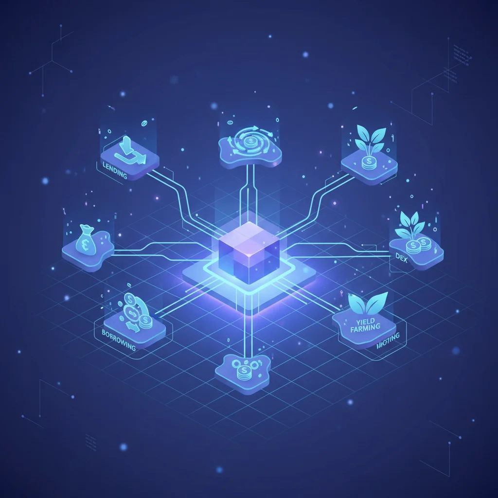Ilustração do ecossistema DeFi, mostrando a interconexão entre serviços financeiros como empréstimos e corretoras descentralizadas em uma rede blockchain.