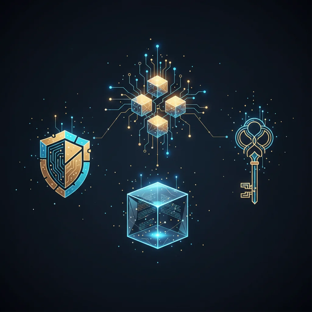 Ilustração dos benefícios da descentralização: um escudo representando segurança, um bloco transparente para transparência e uma chave simbolizando controle do usuário.