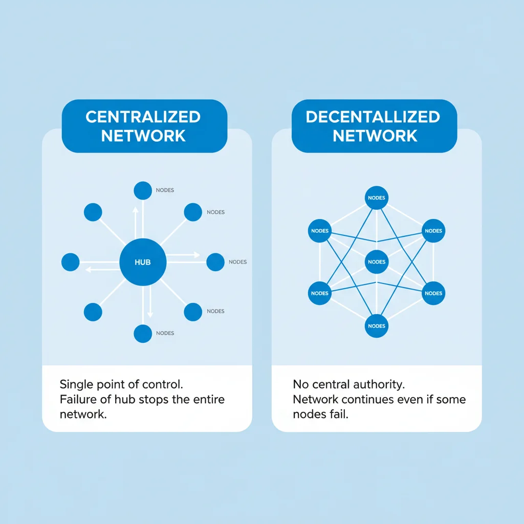 Infográfico comparando uma rede centralizada, com um ponto central, e uma rede descentralizada, com múltiplos pontos interconectados.