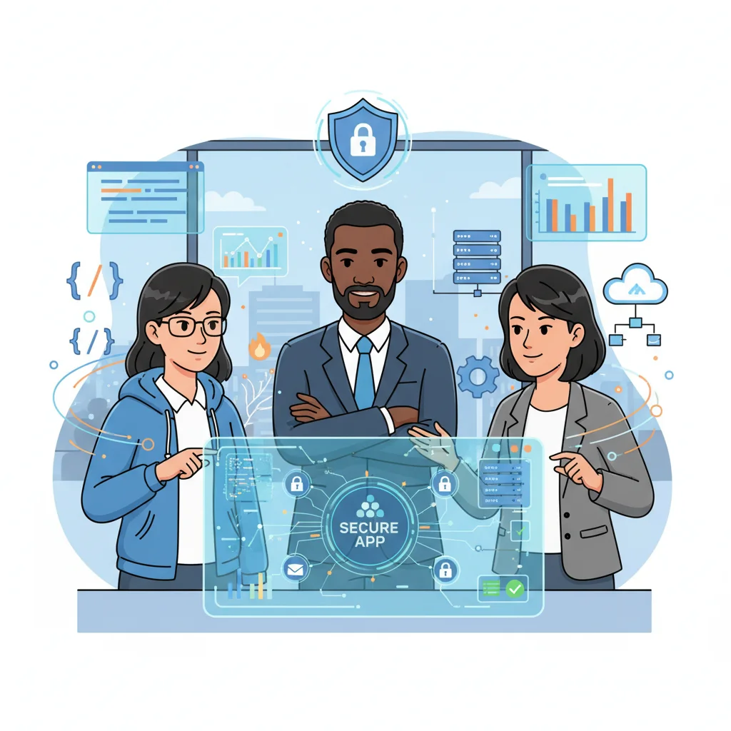 Desenho de três profissionais representando as equipes de Desenvolvimento, Segurança e Operações colaborando em um projeto, simbolizando a cultura DevSecOps.