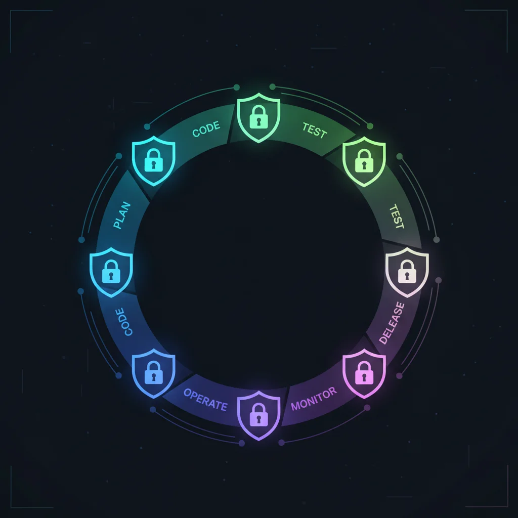 Ilustração do ciclo infinito do DevOps com ícones de segurança, como escudos e cadeados, integrados em cada etapa, representando a metodologia DevSecOps.