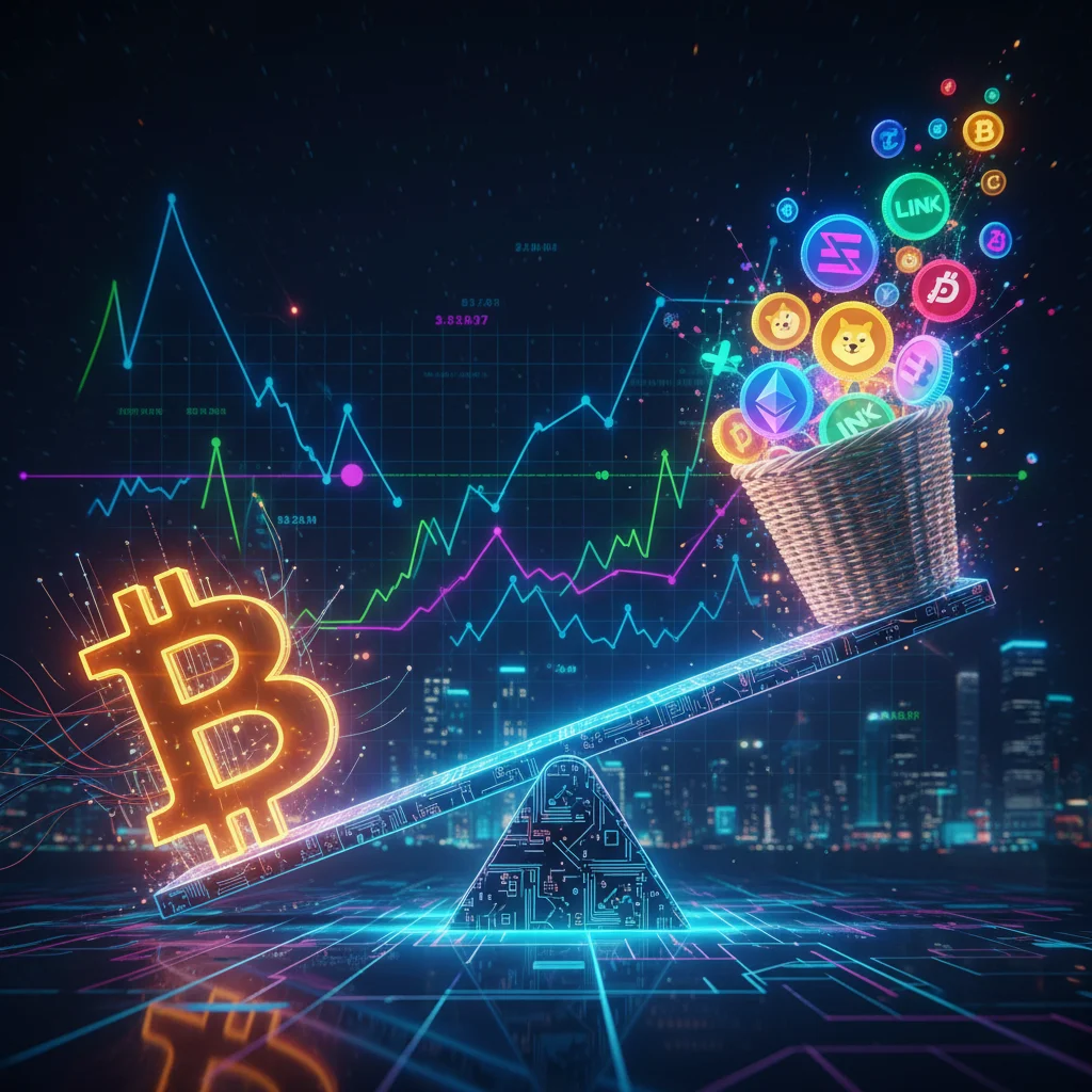 Uma gangorra com o símbolo do Bitcoin de um lado e vários símbolos de altcoins do outro, ilustrando a relação inversa entre eles.