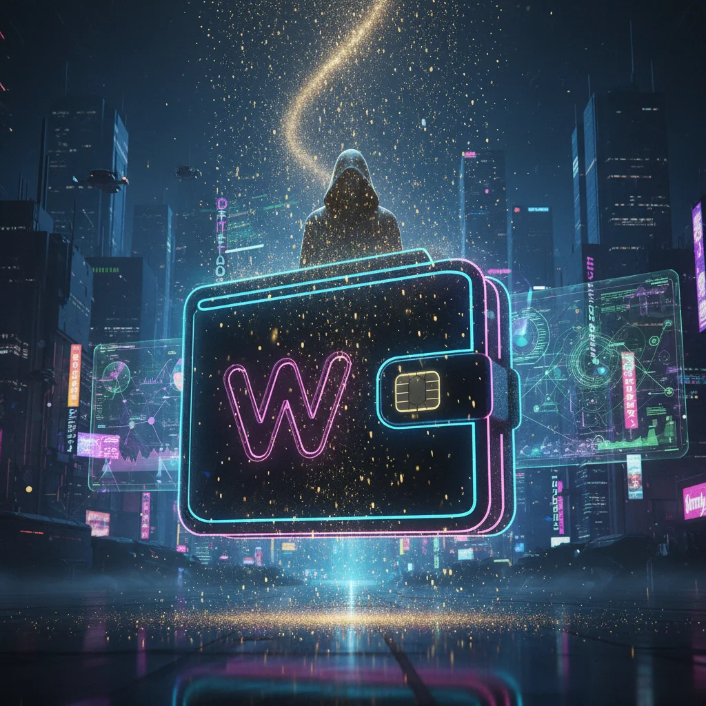 Ilustração conceitual de um Dusting Attack: uma carteira de criptomoedas digital gigante sendo 'empoeirada' por pequenas partículas brilhantes que se conectam a um hacker.