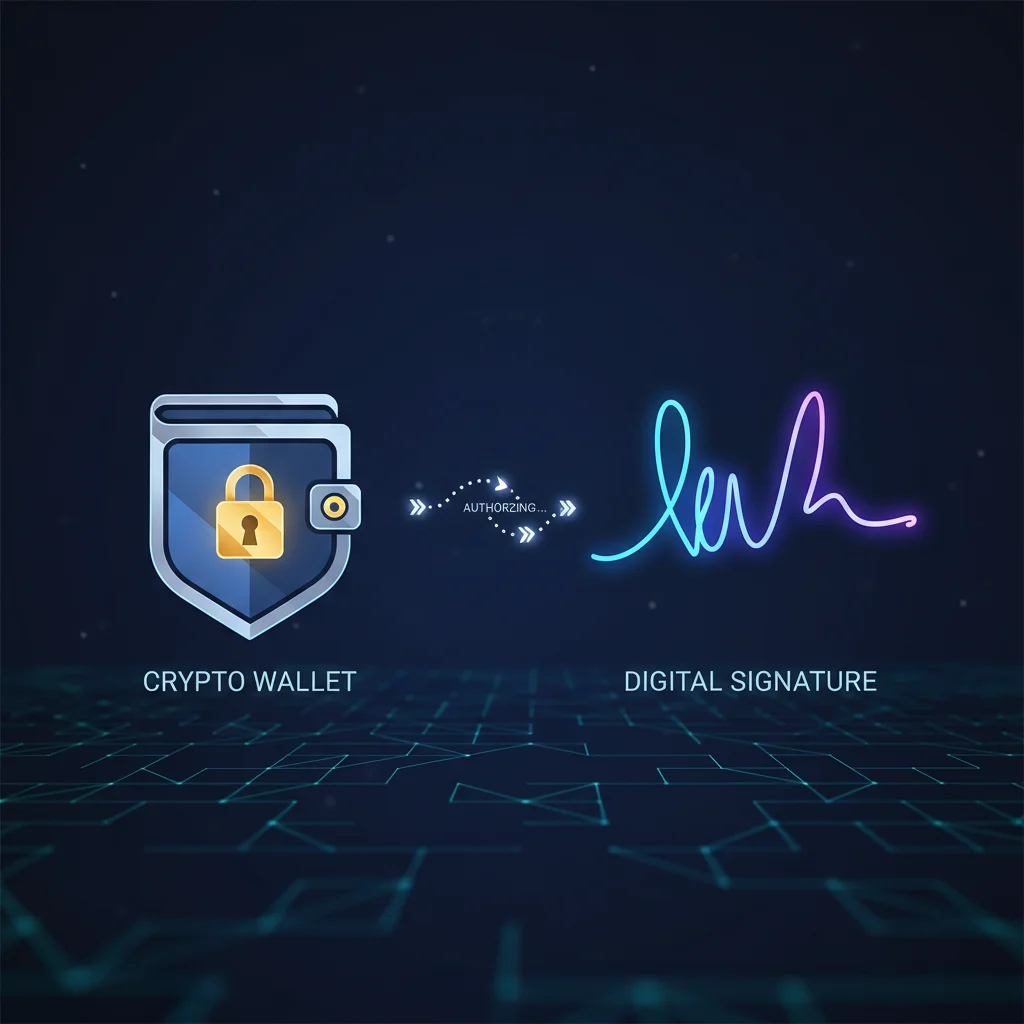 Diagrama mostrando a conexão entre uma carteira de criptomoedas e uma assinatura eletrônica.