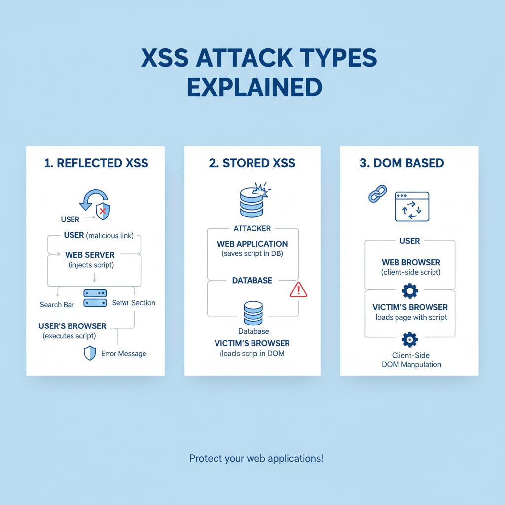 Infográfico comparando os tipos de XSS: Refletido, Armazenado e DOM-based