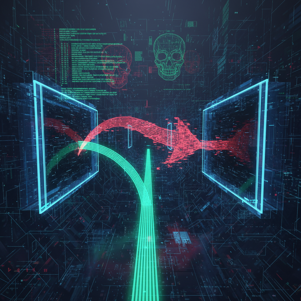 Ilustração de um ataque de pharming, mostrando o desvio de tráfego de um site legítimo para um site falso malicioso.