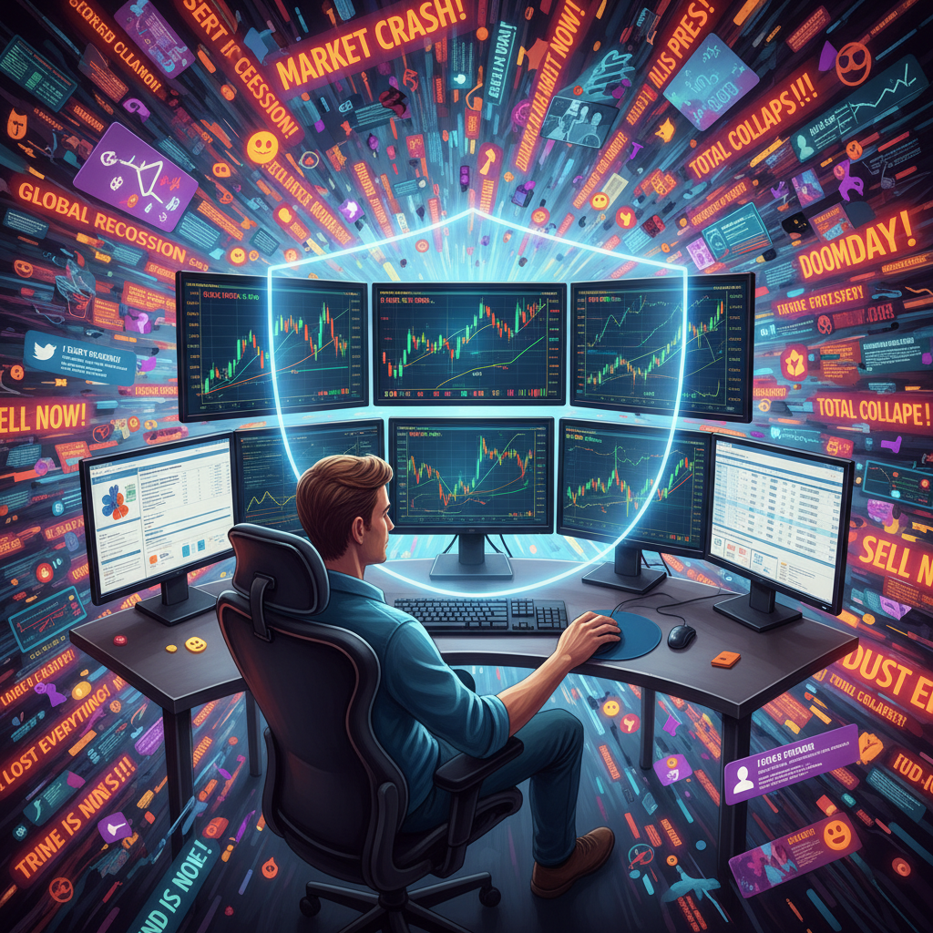Imagem representando a análise calma e estratégica de dados em meio à tempestade de informações e FUD no mercado de criptomoedas.