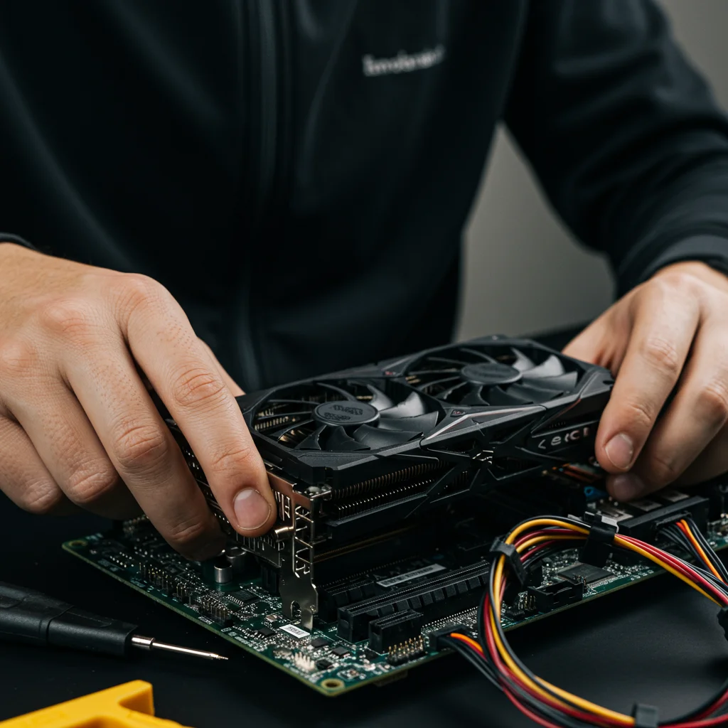 Pessoa instalando uma nova placa de vídeo em um computador.