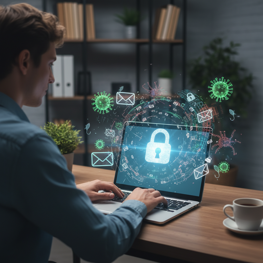 Usuário de laptop protegido por um ícone de cadeado, ilustrando a importância da cibersegurança no dia a dia