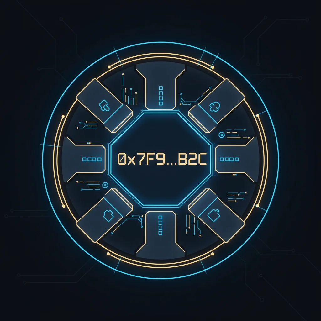 Ilustração de um endereço de criptomoeda, representado por uma sequência de caracteres brilhantes em um cofre digital.