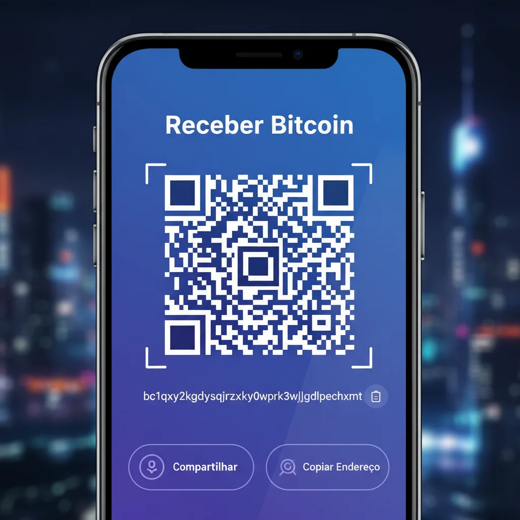 Tela de um aplicativo de carteira de criptomoeda mostrando um endereço e QR Code para receber fundos.