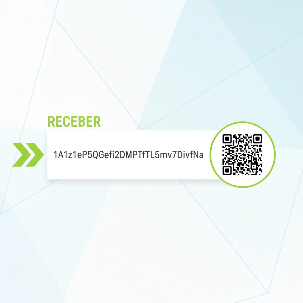 Exemplo de um endereço público de criptomoeda, mostrando uma sequência de caracteres e um código QR.