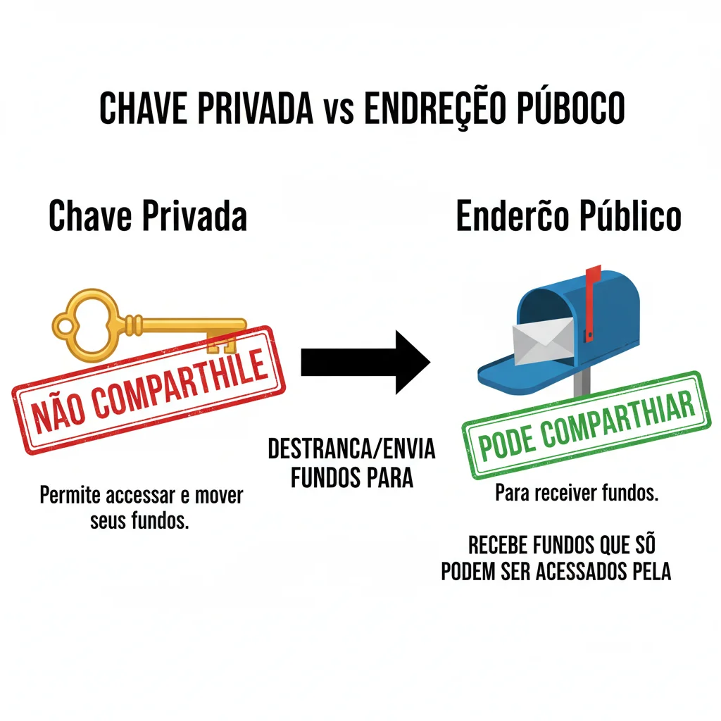 Infográfico explicando a diferença entre a chave privada, que deve ser secreta, e o endereço público, que pode ser compartilhado.