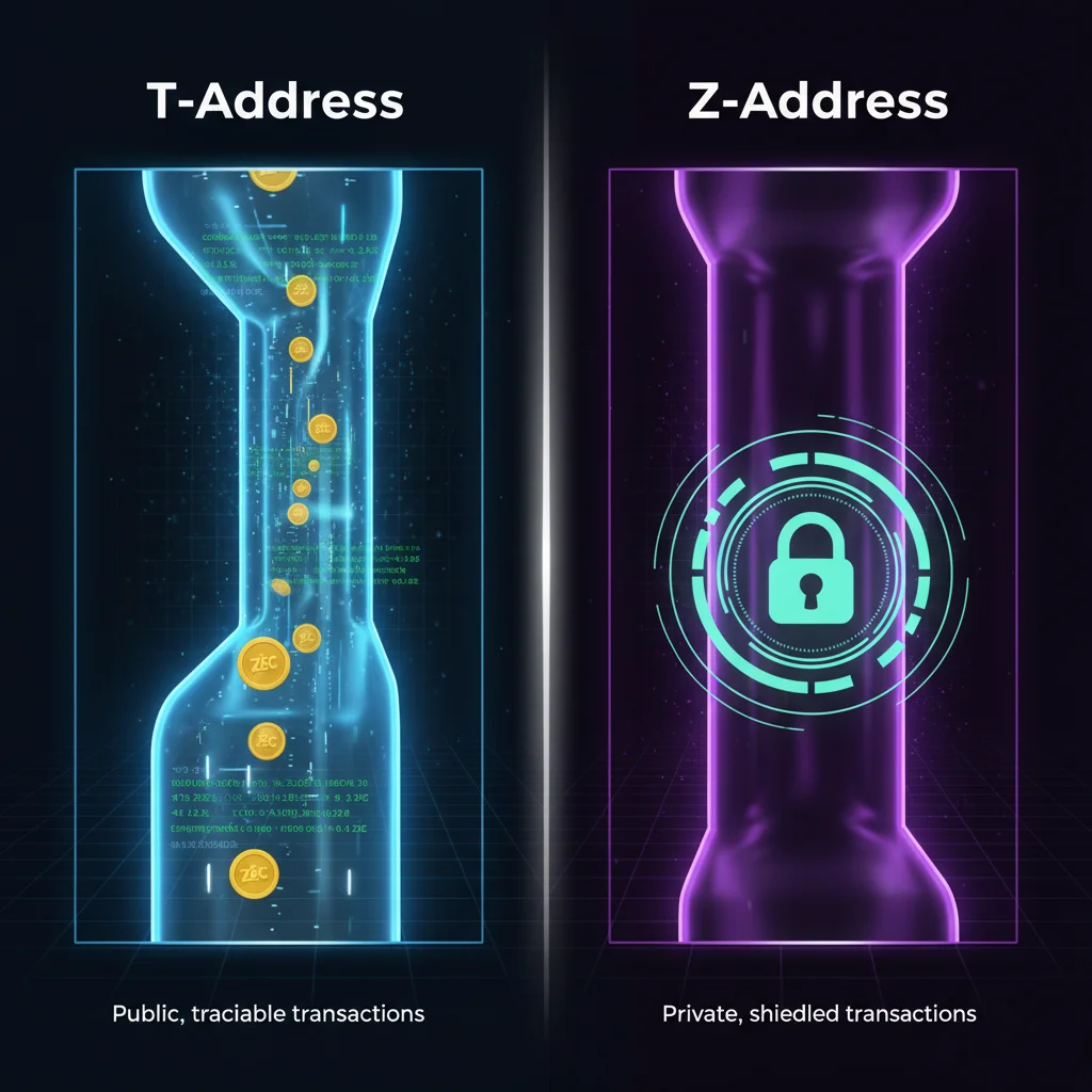 Comparativo visual entre um Endereço T (transparente) e um Endereço Z (privado) da Zcash.