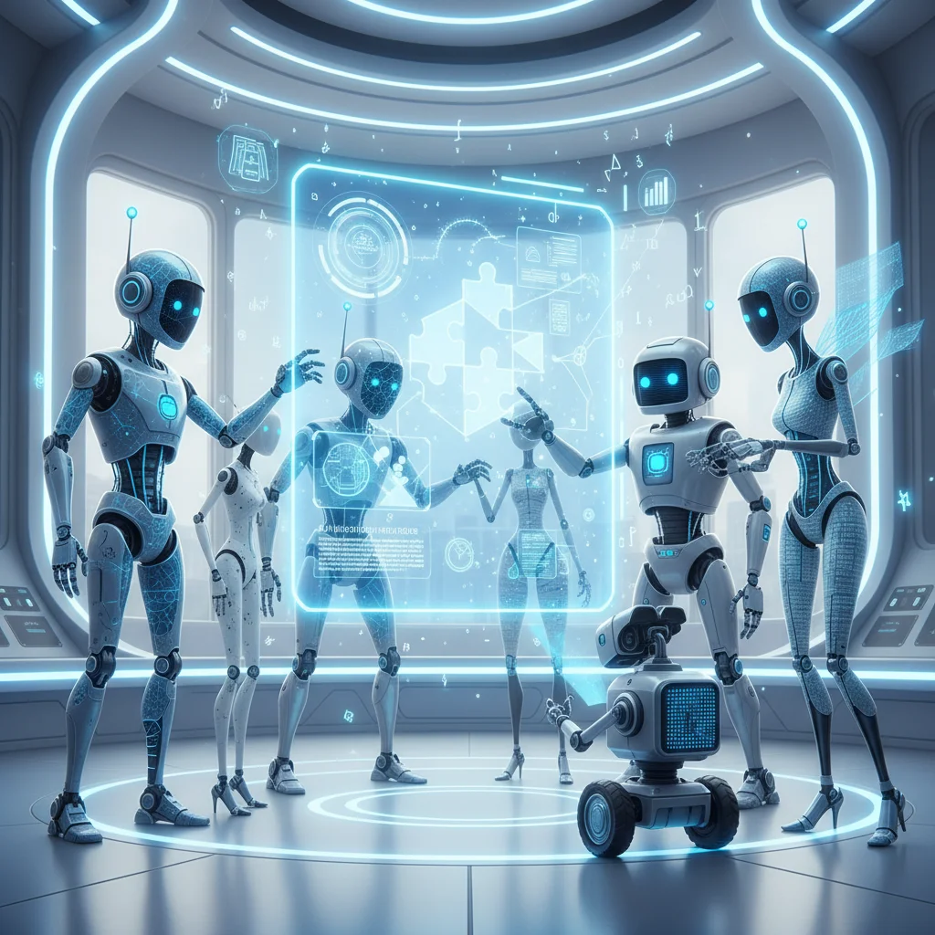 Ilustração futurista mostrando vários robôs diferentes trabalhando juntos em um quebra-cabeça holográfico, representando visualmente o conceito de Ensemble Learning onde múltiplos modelos colaboram.
