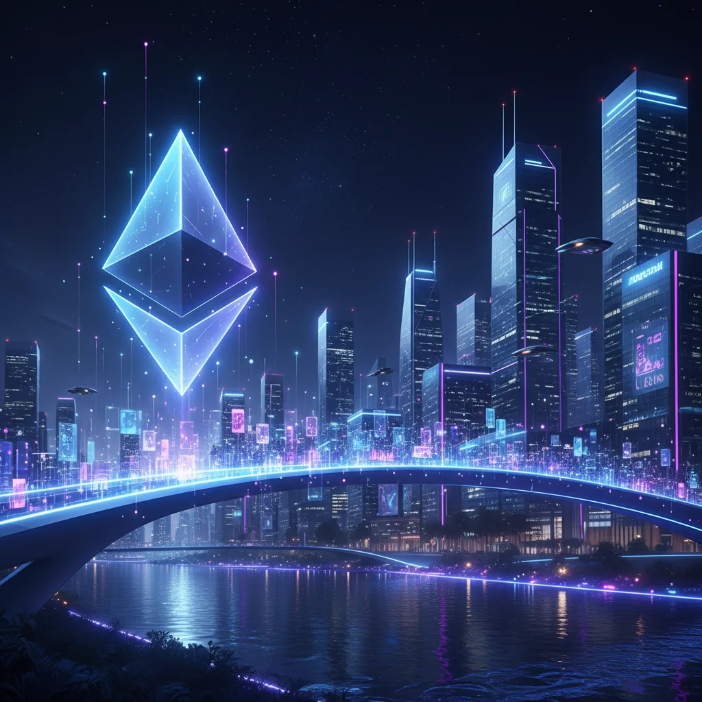 Ilustração de uma ponte conectando o logo da Ethereum a prédios corporativos, simbolizando a Enterprise Ethereum Alliance.