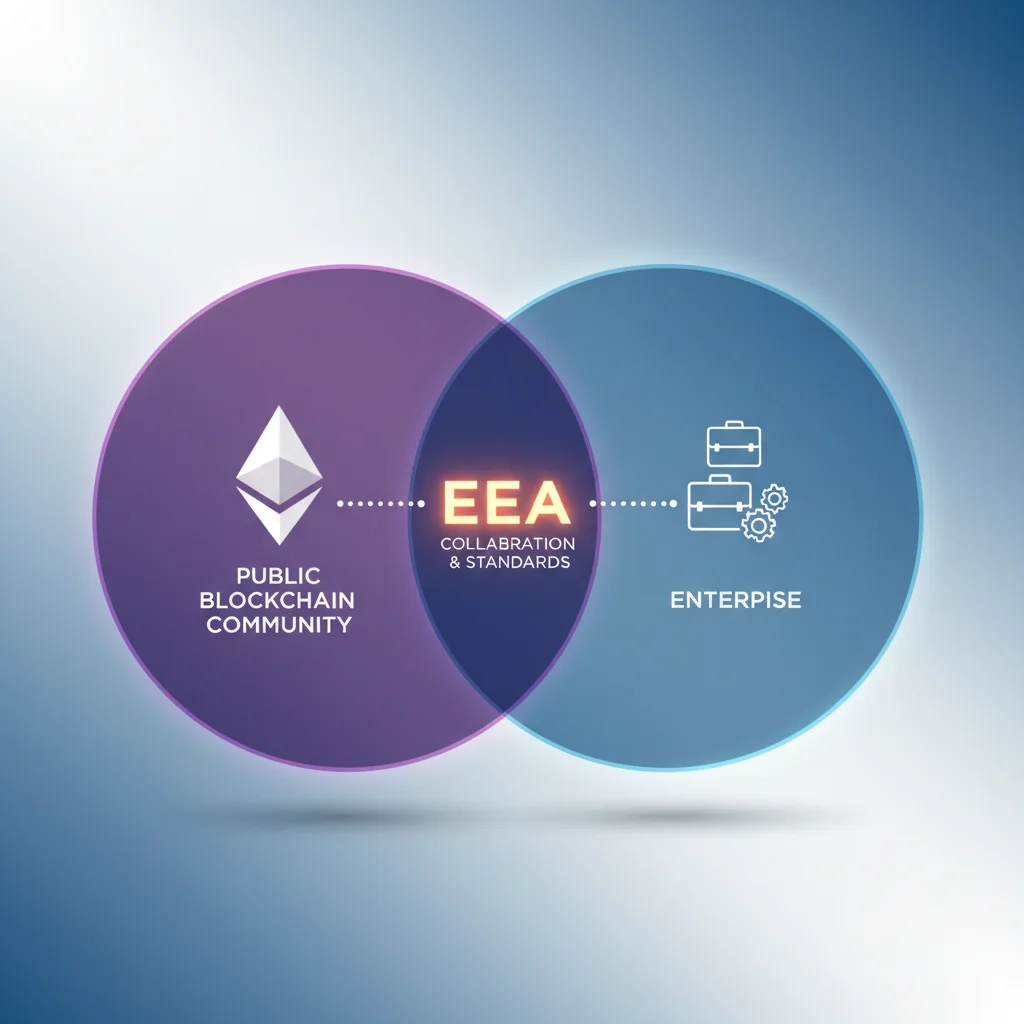 Diagrama mostrando a colaboração entre a comunidade Ethereum e o setor empresarial através da EEA.
