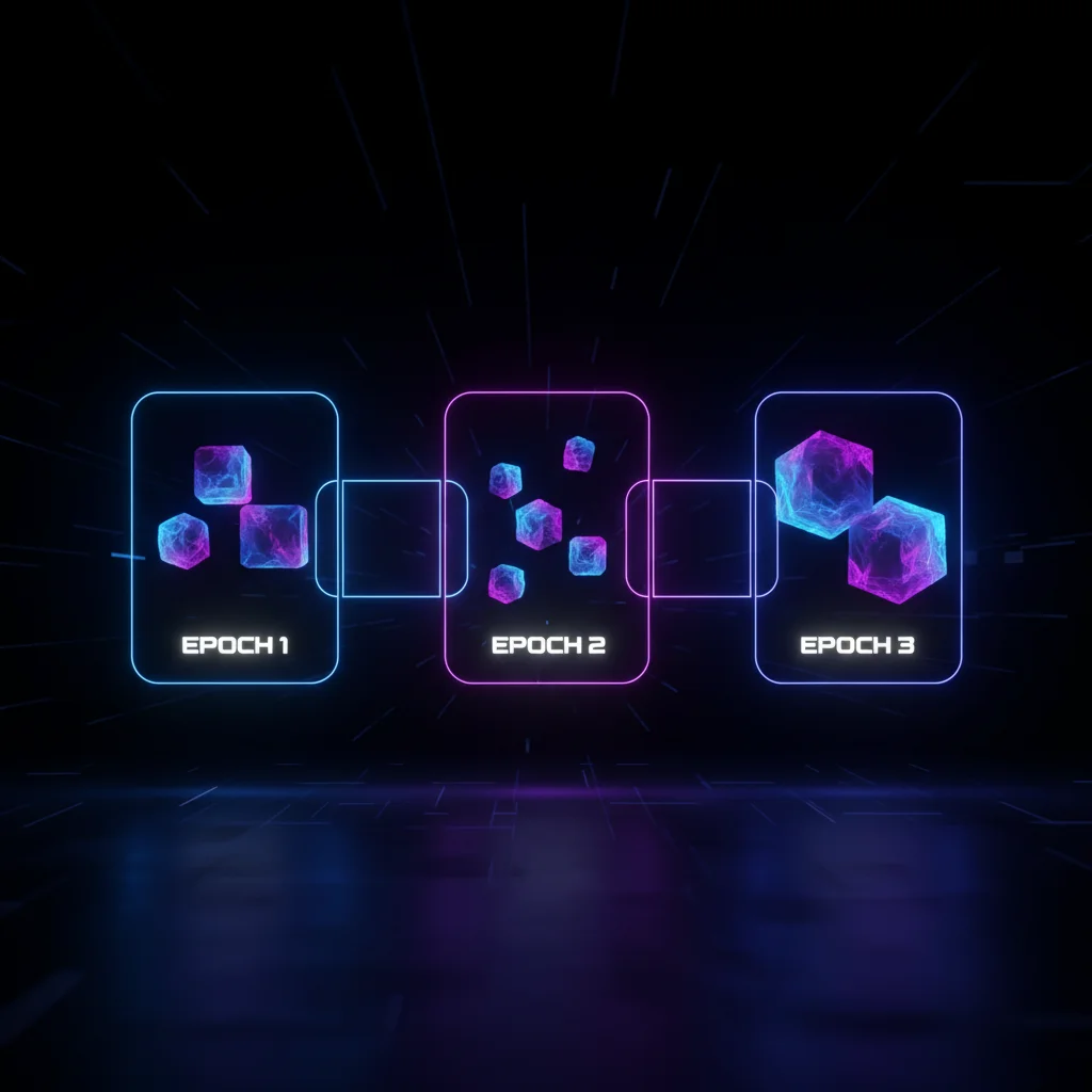 Ilustração de uma linha do tempo da blockchain dividida em épocas (epochs).