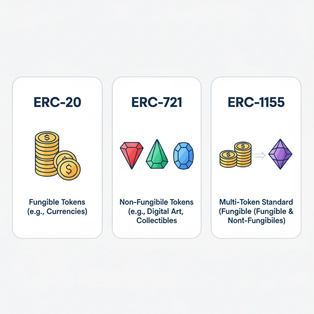 Diagrama comparando os padrões de token ERC-20 (moedas idênticas), ERC-721 (itens únicos) e ERC-1155 (uma combinação de ambos).