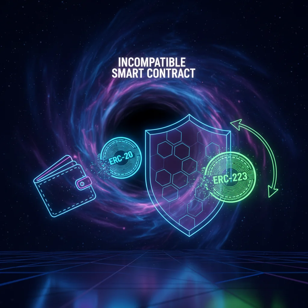 Ilustração comparando um token ERC-20 sendo perdido em um contrato e um token ERC-223 sendo salvo por um mecanismo de segurança.