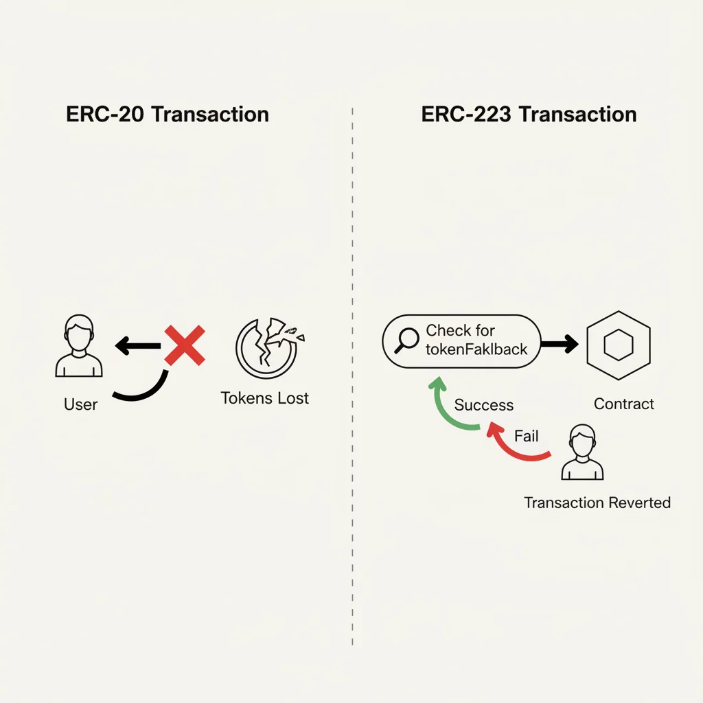 Fluxograma explicando o funcionamento da transação de um token ERC-223 em comparação com um ERC-20.