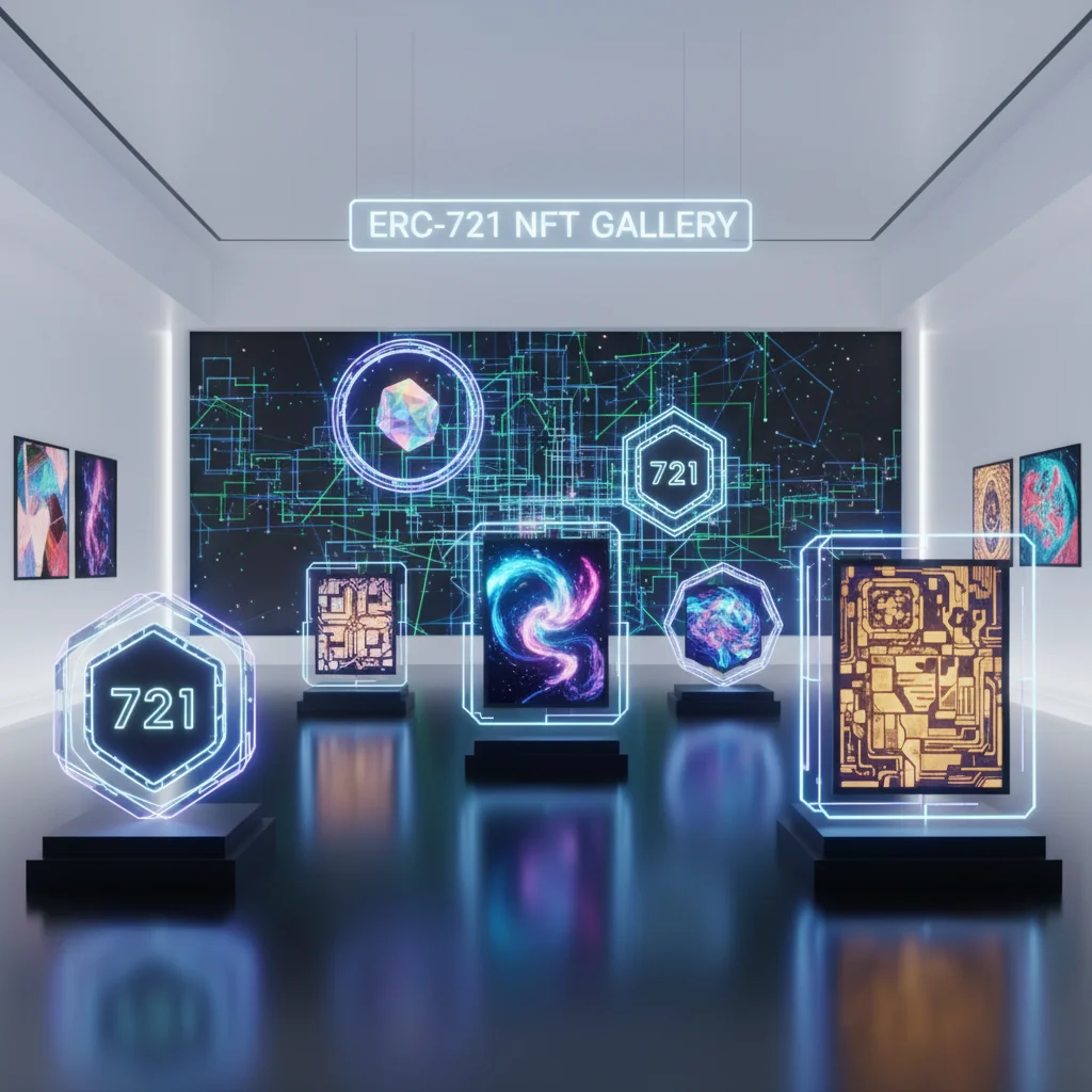 Ilustração de uma galeria de arte digital com NFTs brilhantes, representando o padrão ERC-721.