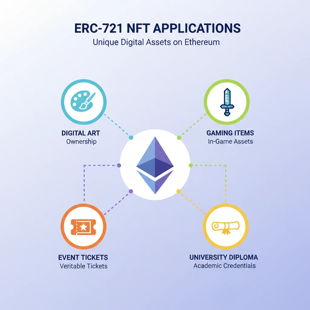 Infográfico mostrando as diversas aplicações do ERC-721, como arte, games e certificados.