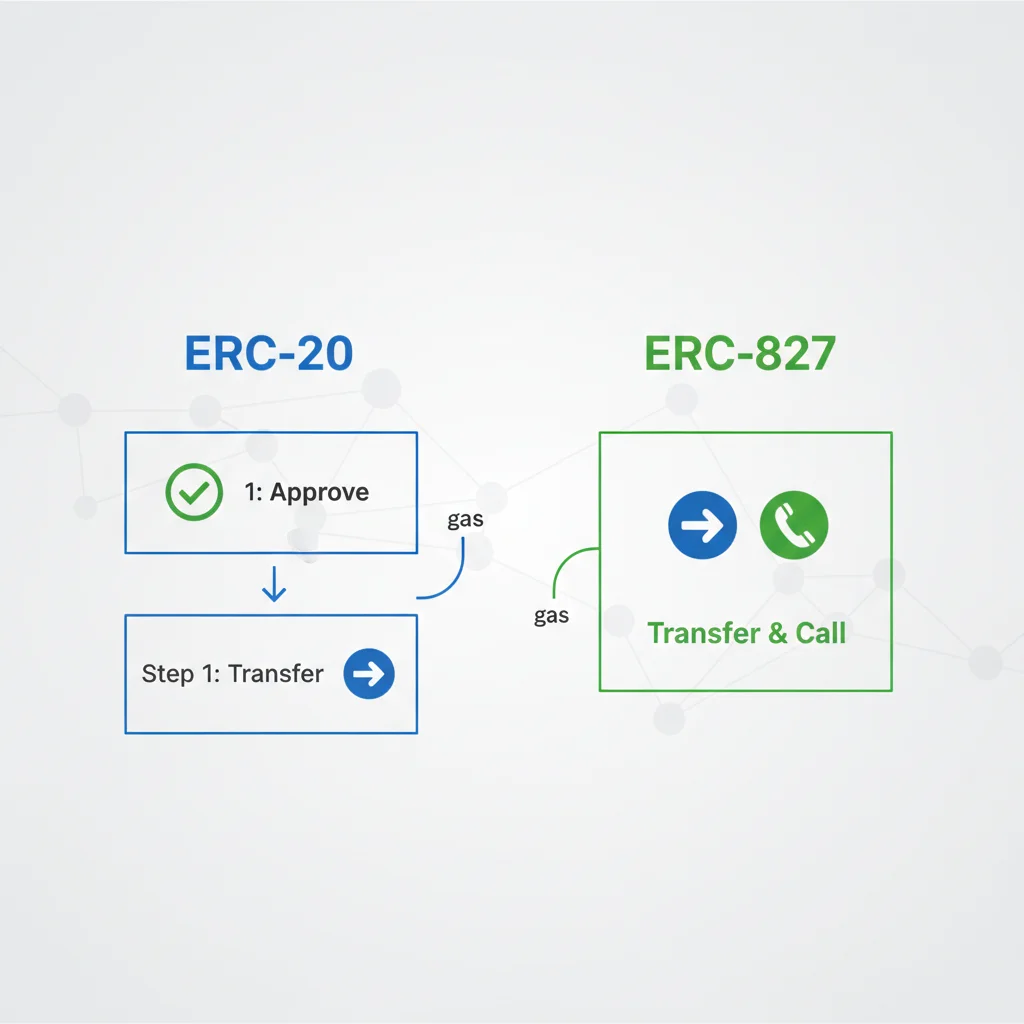 Infográfico comparando o fluxo de transações do ERC-20, com duas etapas (aprovar e transferir), com o fluxo do ERC-827, com uma única etapa (transferir e chamar).