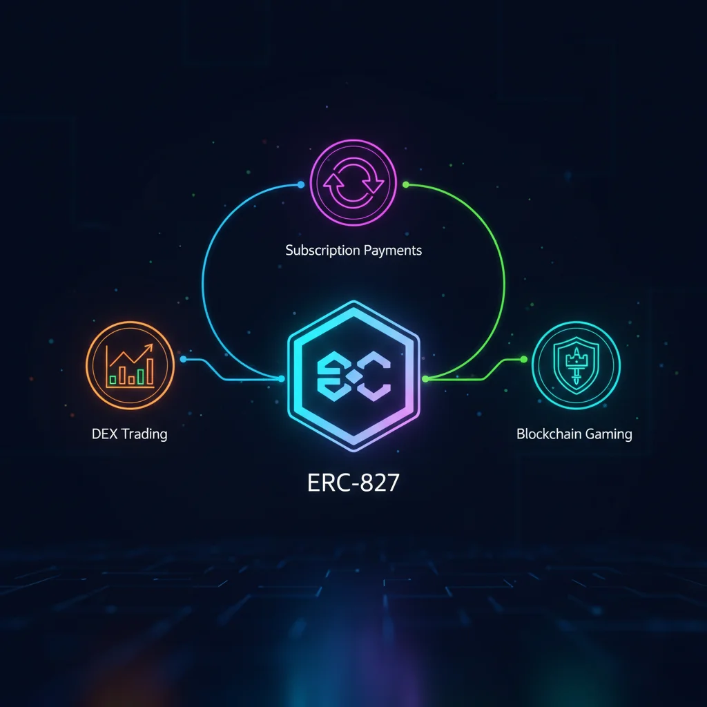 Diagrama mostrando os diversos casos de uso do padrão ERC-827, incluindo negociação em DEX, pagamentos de assinatura e jogos em blockchain.