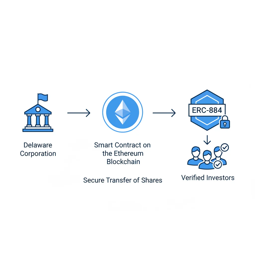 Fluxograma ilustrando o processo de tokenização de ações de uma empresa de Delaware usando o padrão ERC-884 na blockchain Ethereum.