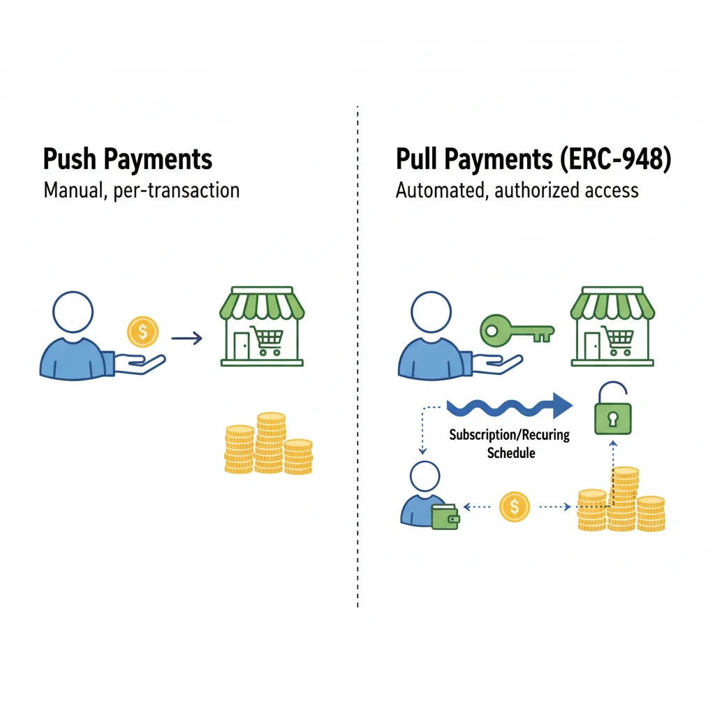 Diagrama comparando o modelo de pagamento 'push' (empurrar) com o modelo 'pull' (puxar) do ERC-948.