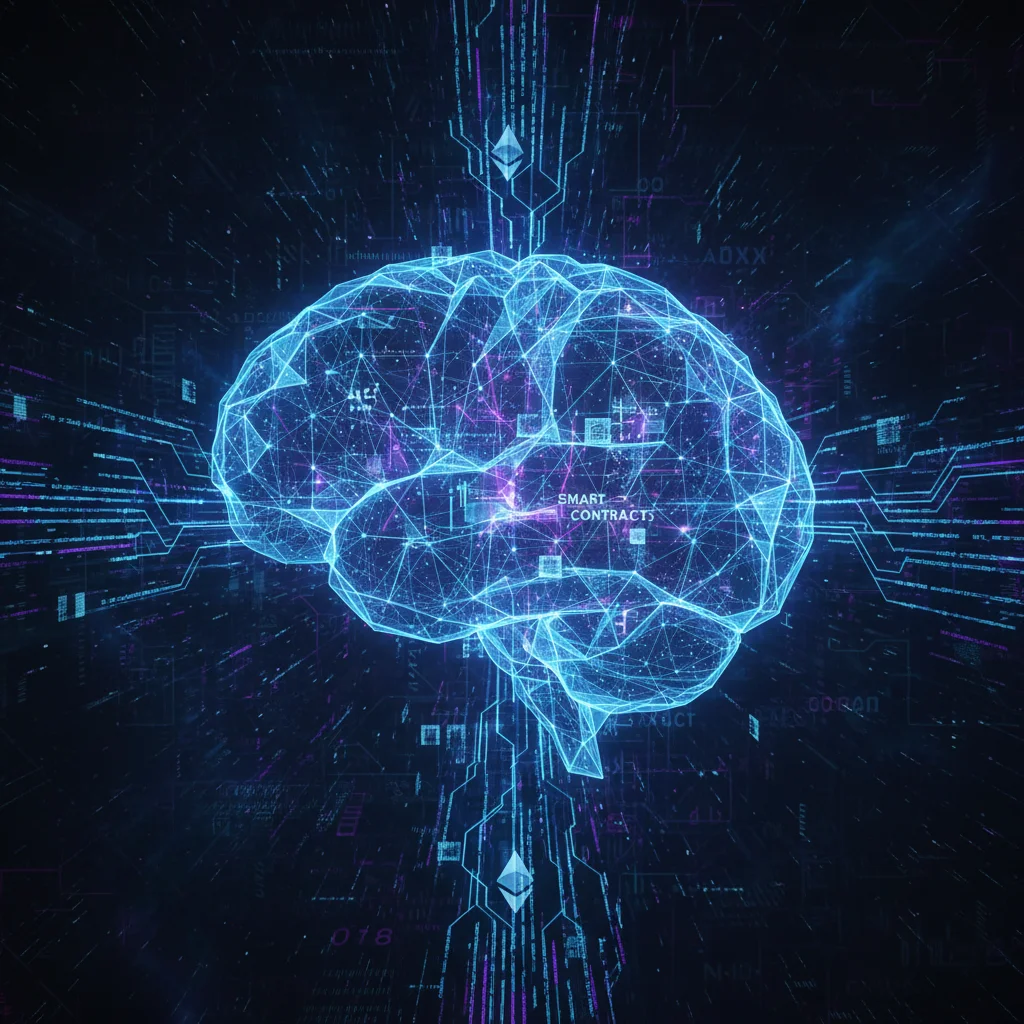 Ilustração abstrata da Ethereum Virtual Machine (EVM) como um cérebro digital descentralizado.