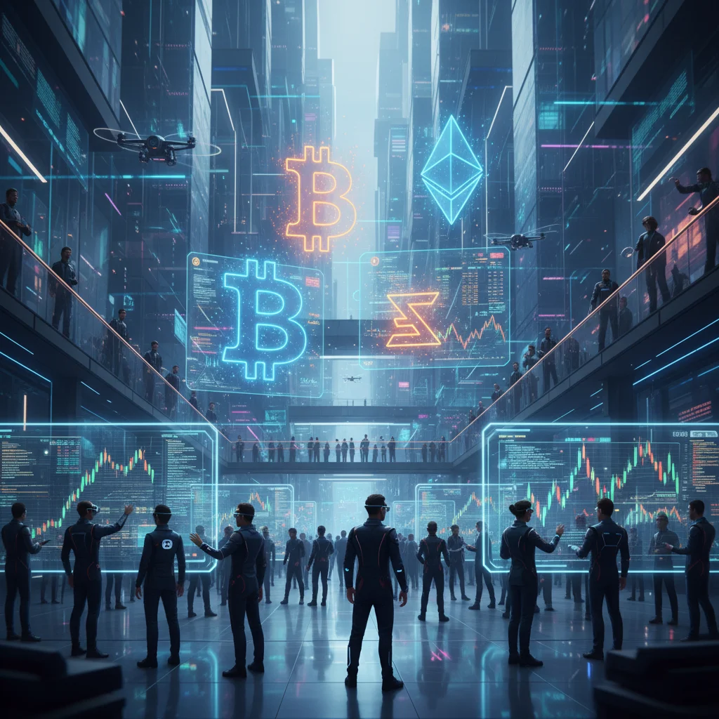 Ilustração futurista de uma Exchange de criptomoedas, mostrando um ambiente digital com gráficos de negociação, símbolos de Bitcoin e Ethereum e pessoas interagindo com telas.