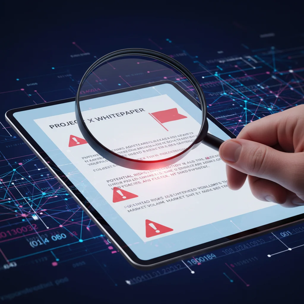 Lupa analisando um projeto de criptomoeda em busca de sinais de alerta e bandeiras vermelhas para evitar golpes.