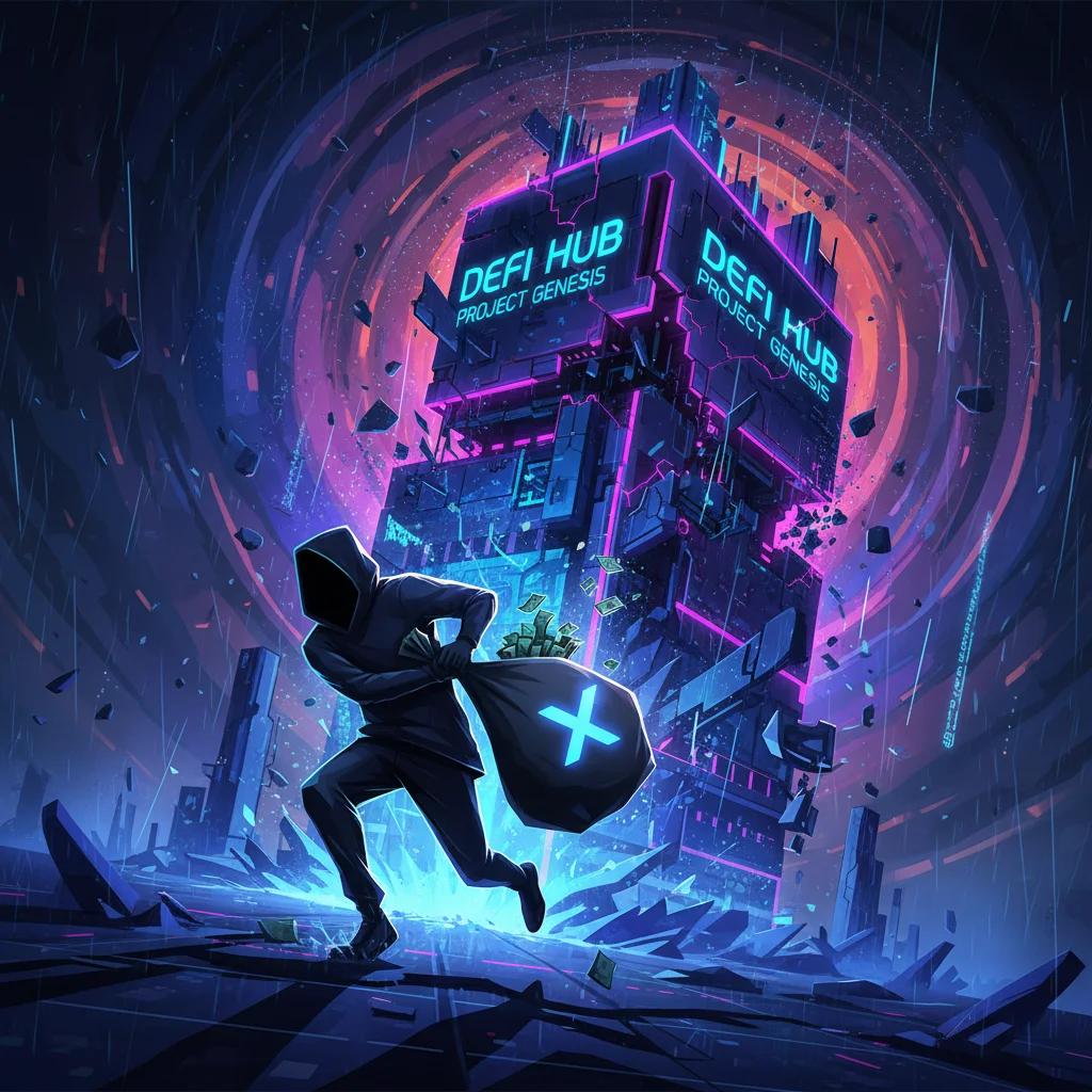 Ilustração de um golpista fugindo com o dinheiro de um projeto de criptomoeda, representando um exit scam.