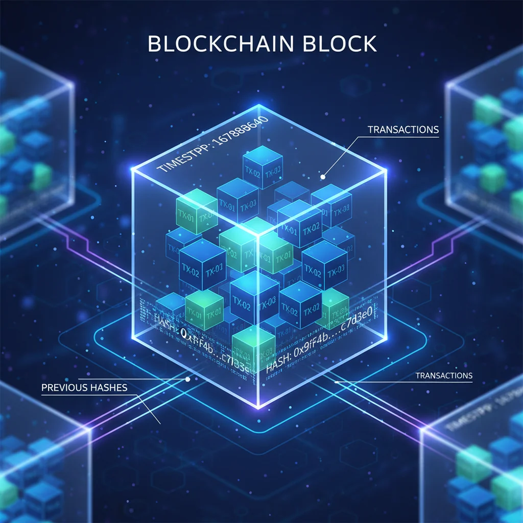 Ilustração de um bloco da blockchain, mostrando suas informações internas como transações, hash e timestamp.