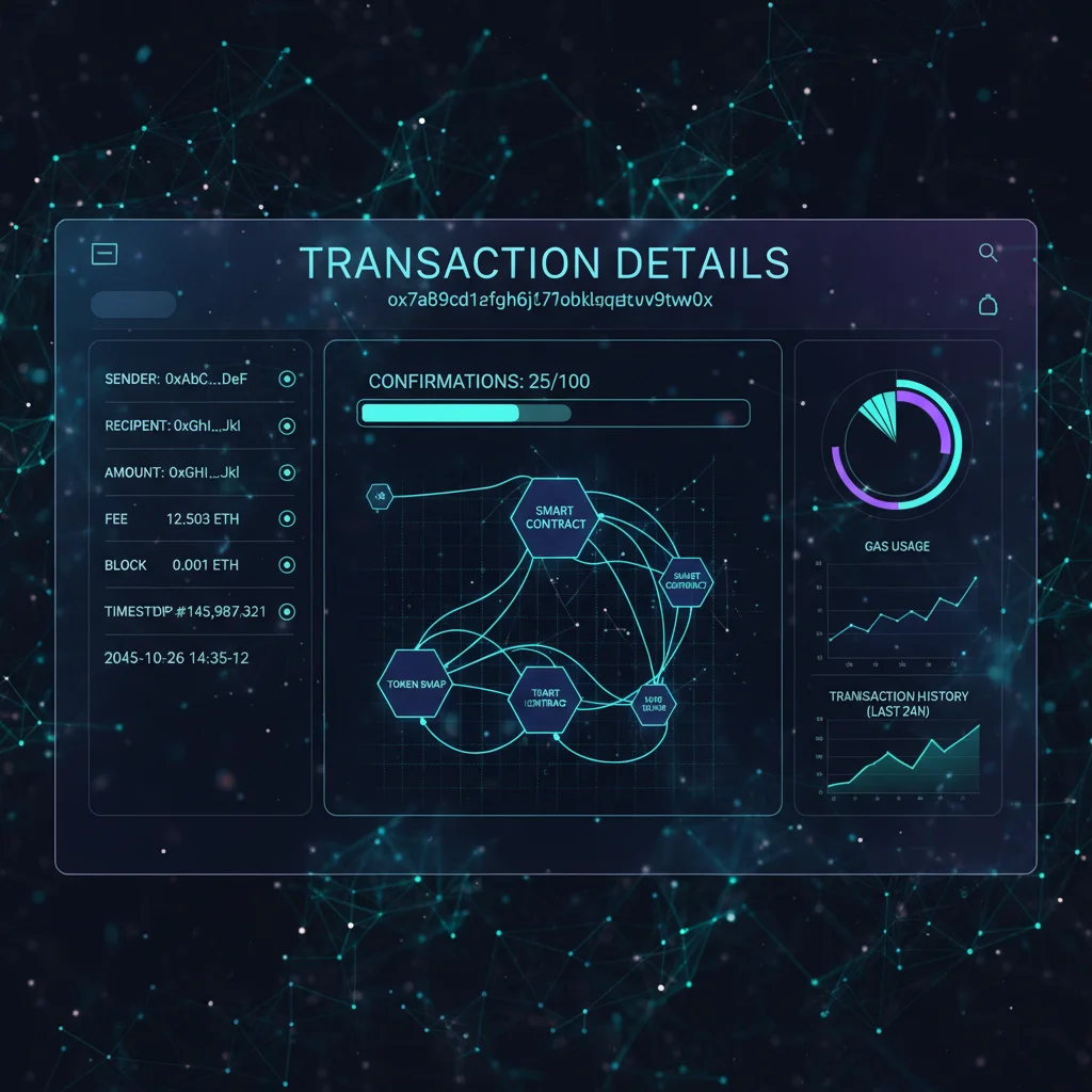 Tela de um explorador de bloco mostrando os detalhes de uma transação de criptomoeda com o status de confirmações.