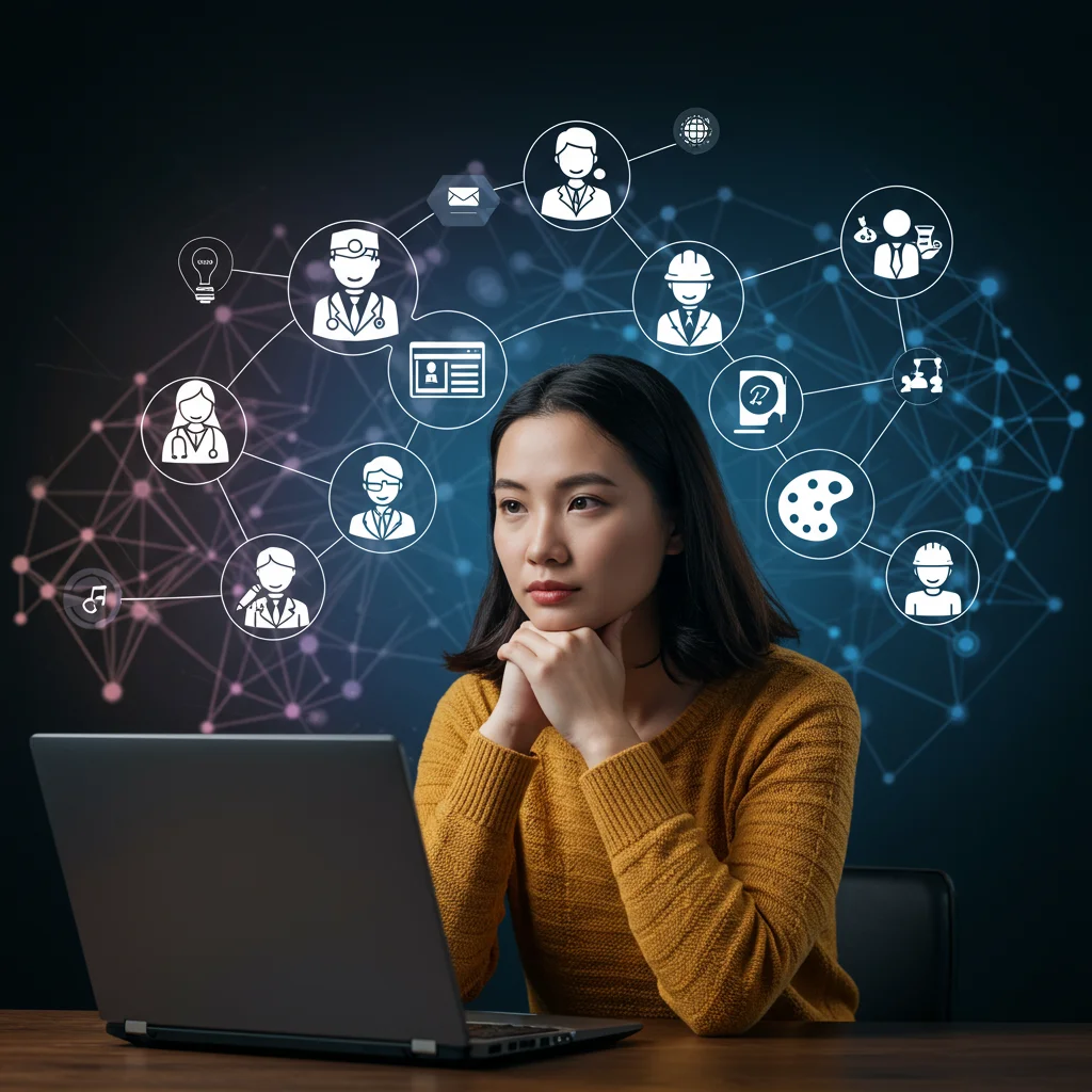 Pessoa considerando diferentes opções de carreira com ícones representando várias profissões.