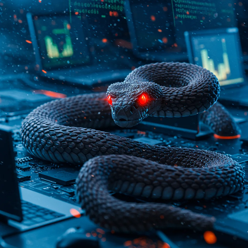 Representação visual de um malware atacando um sistema de computadores.