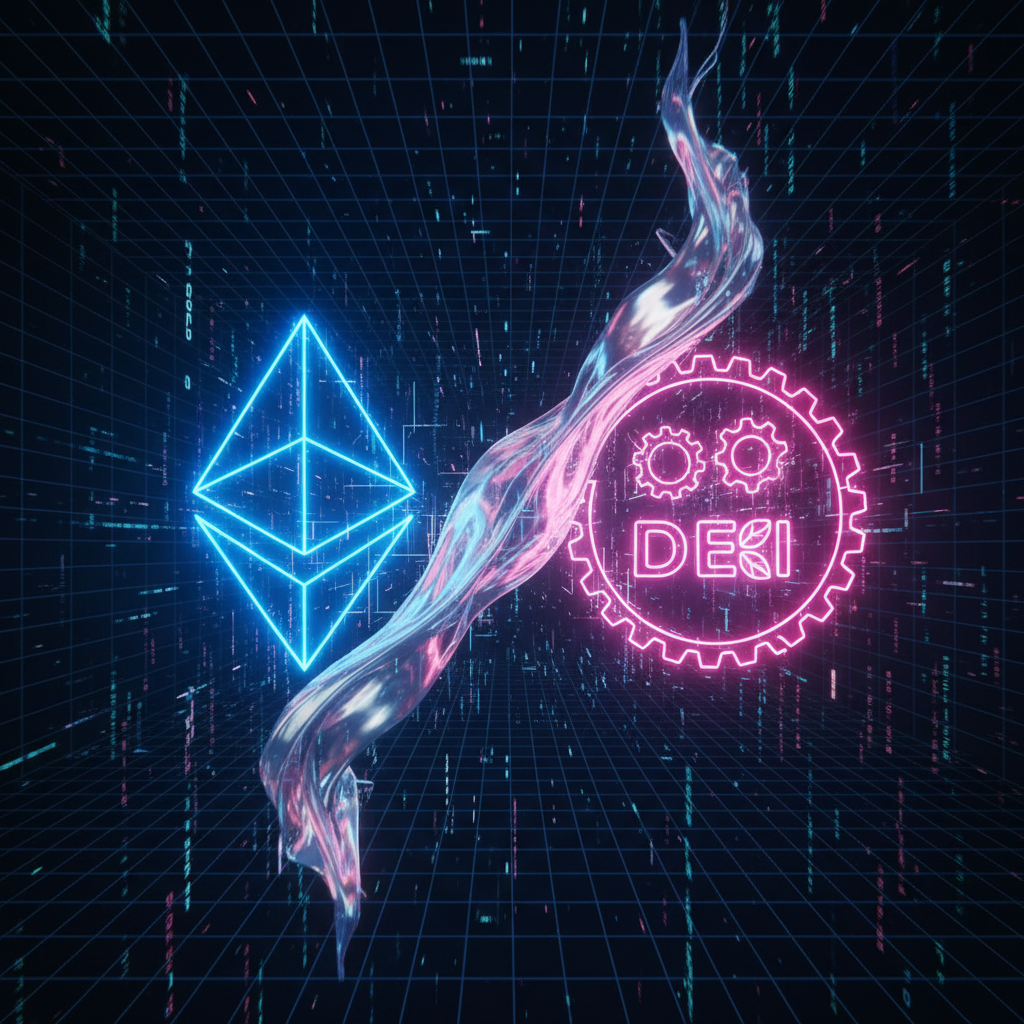 Ilustração de um swap de criptomoedas, mostrando dois tokens digitais se transformando um no outro em uma rede descentralizada.