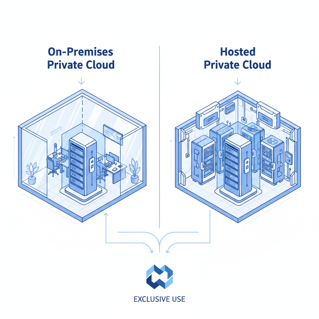 Infográfico comparativo mostrando os modelos de nuvem privada: on-premises (gerenciamento total pela empresa) e hospedada (infraestrutura dedicada por terceiros).