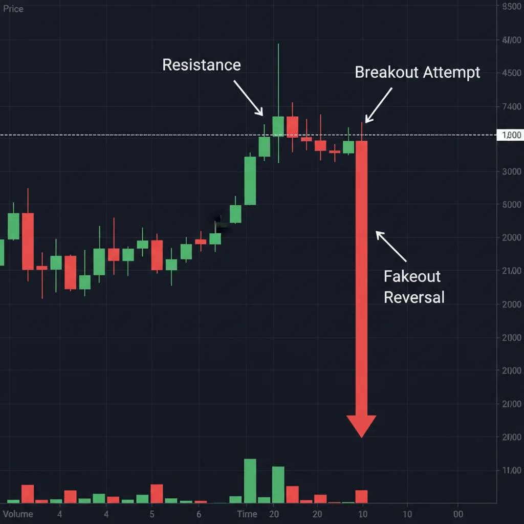 Gráfico de criptomoeda ilustrando um fakeout, onde o preço rompe a resistência e depois recua.