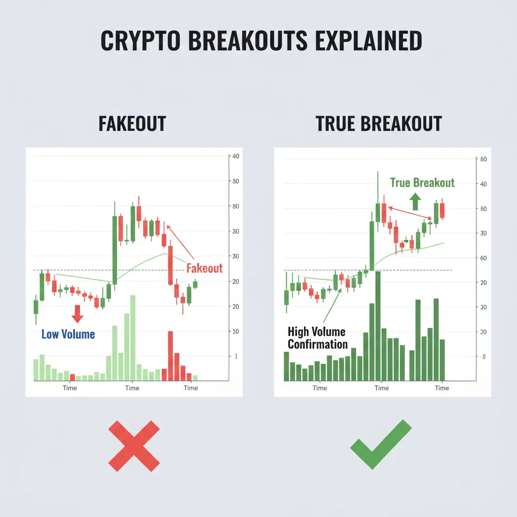 Comparativo entre um fakeout com baixo volume e um rompimento verdadeiro com alto volume de negociação.
