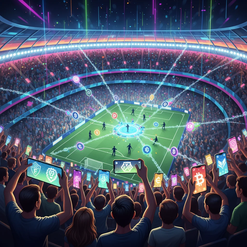 Ilustração de torcedores em um estádio usando seus celulares para interagir com seu time através de fan tokens.