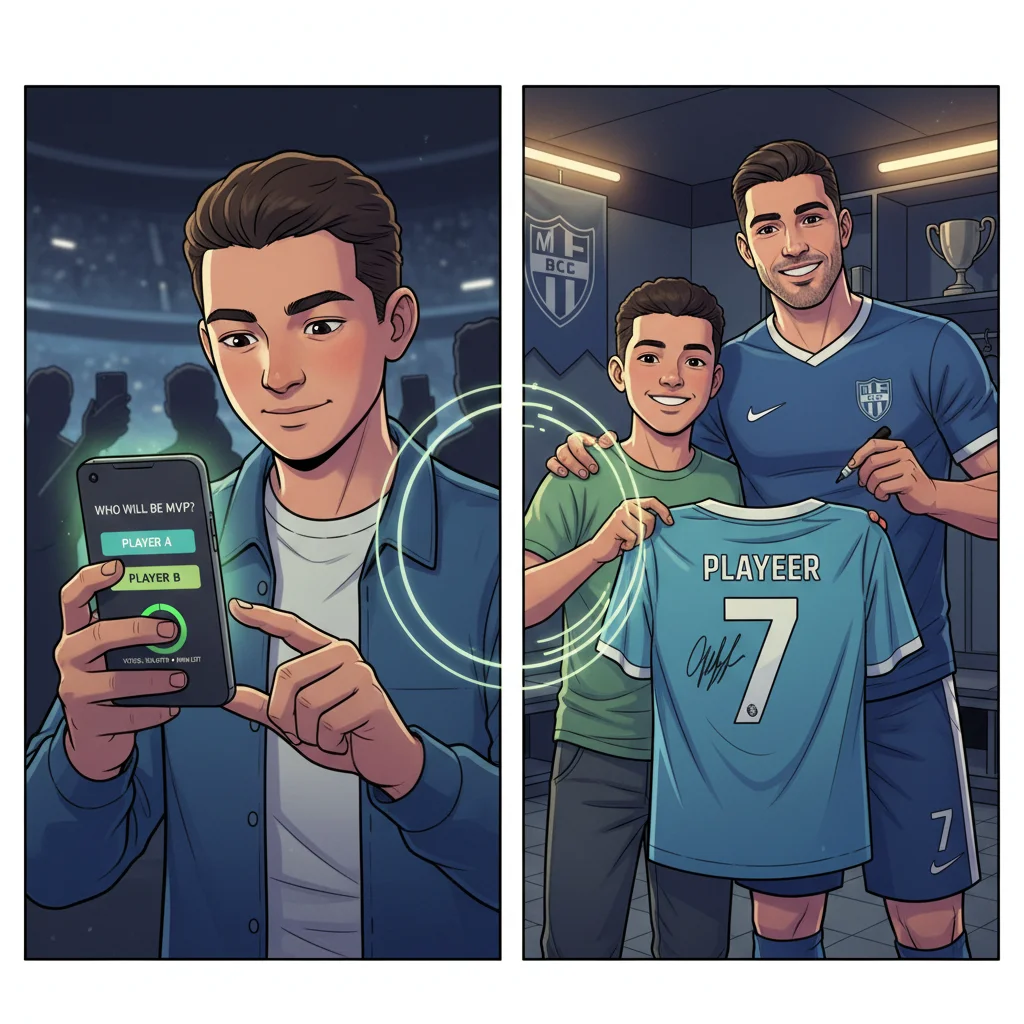 Montagem mostrando um torcedor votando em uma enquete do time e depois recebendo uma camisa autografada como recompensa.