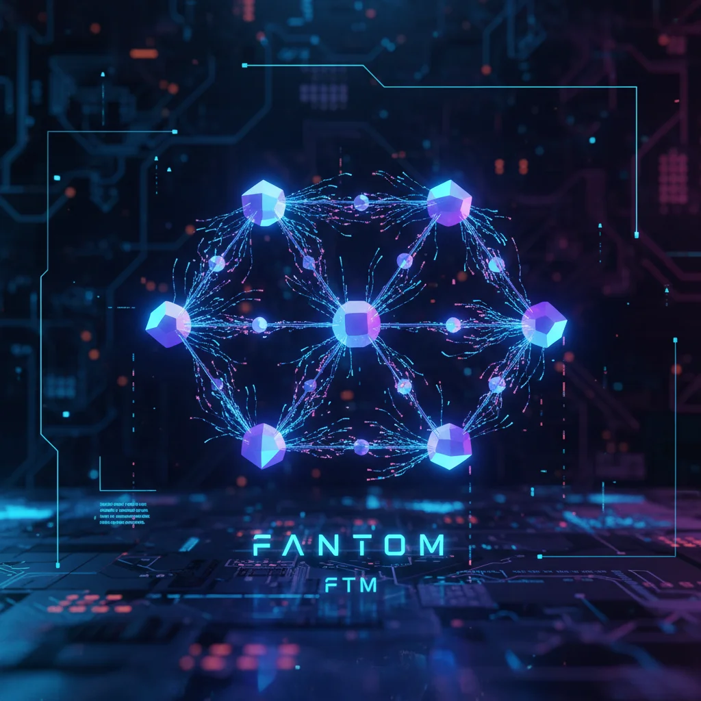 Visualização abstrata da rede blockchain Fantom (FTM), mostrando um gráfico acíclico dirigido (DAG) com nós e conexões brilhantes em tons de azul e roxo, simbolizando transações rápidas e seguras.