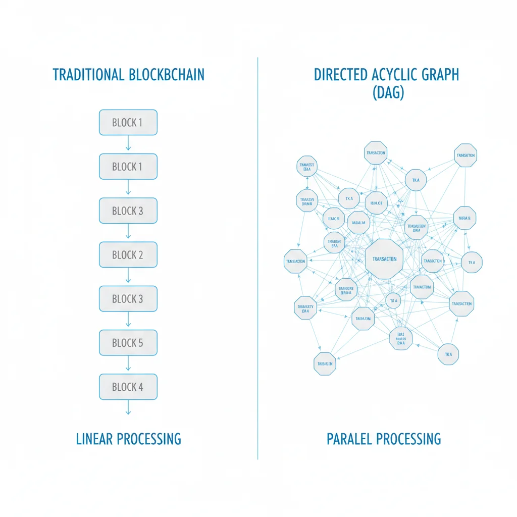 Diagrama comparativo mostrando a estrutura linear de uma blockchain tradicional à esquerda e a estrutura em rede de um Gráfico Acíclico Dirigido (DAG) à direita.